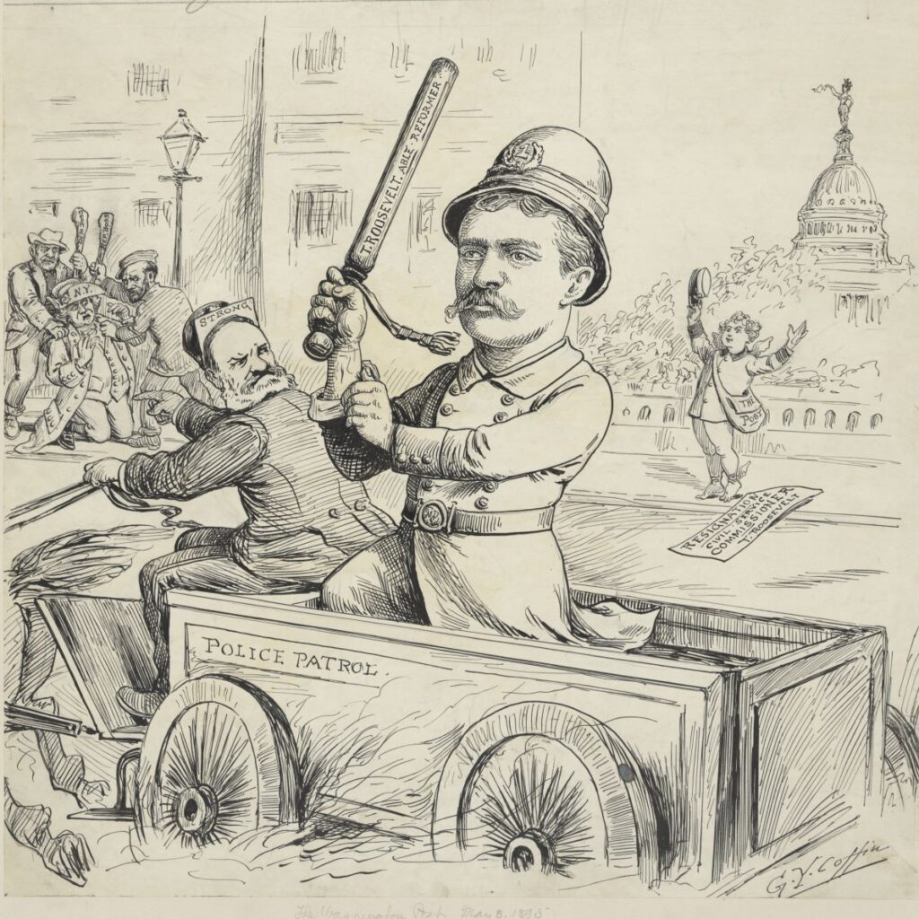 a cartoon depicting Theodore Roosevelt as Police Commissioner