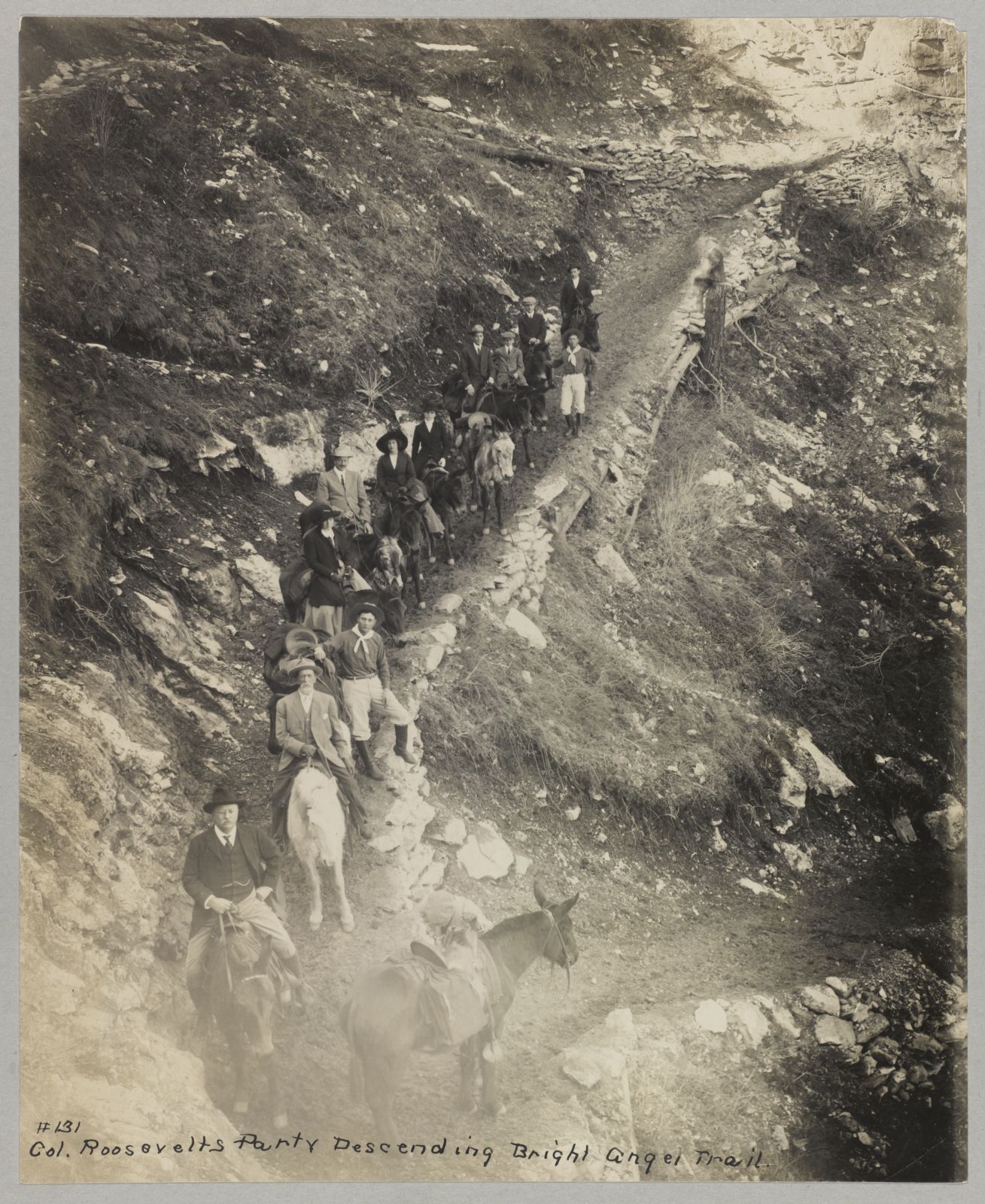 Theodore Roosevelt leads a group of men and women riding mules down the Bright Angel Trail in the Grand Canyon