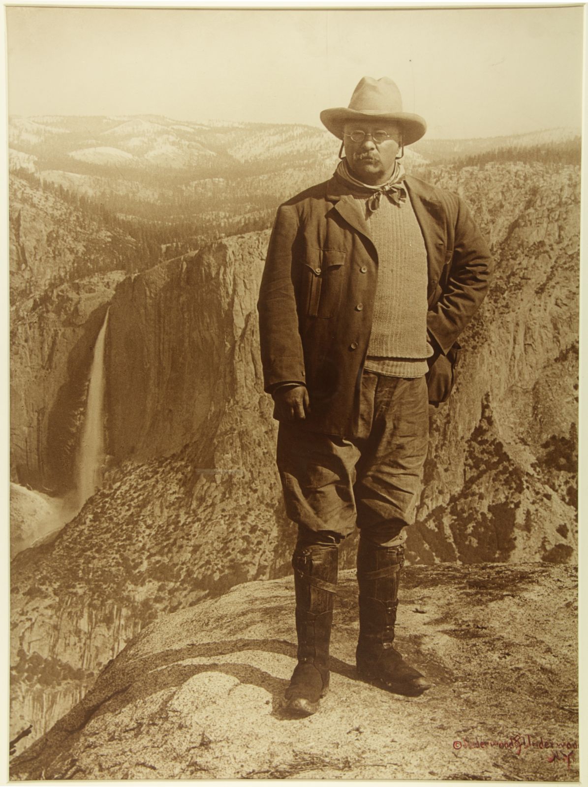 Theodore Roosevelt poses atop Glacier Point at Yosemite National Park