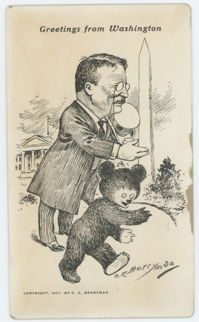 illustration of TR with a Teddy Bear in front of the Washington Monument