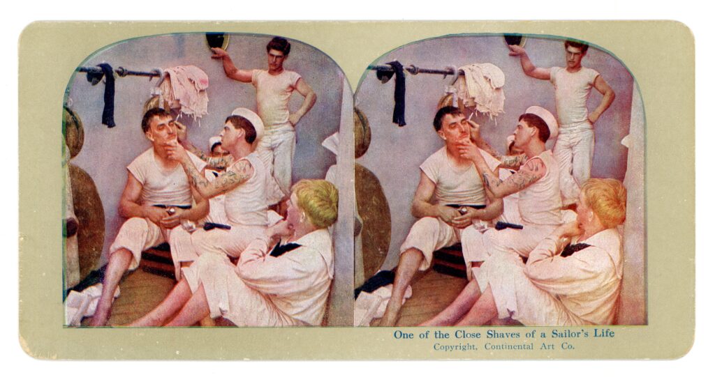 Illustration of a sailor getting shaved by another sailor