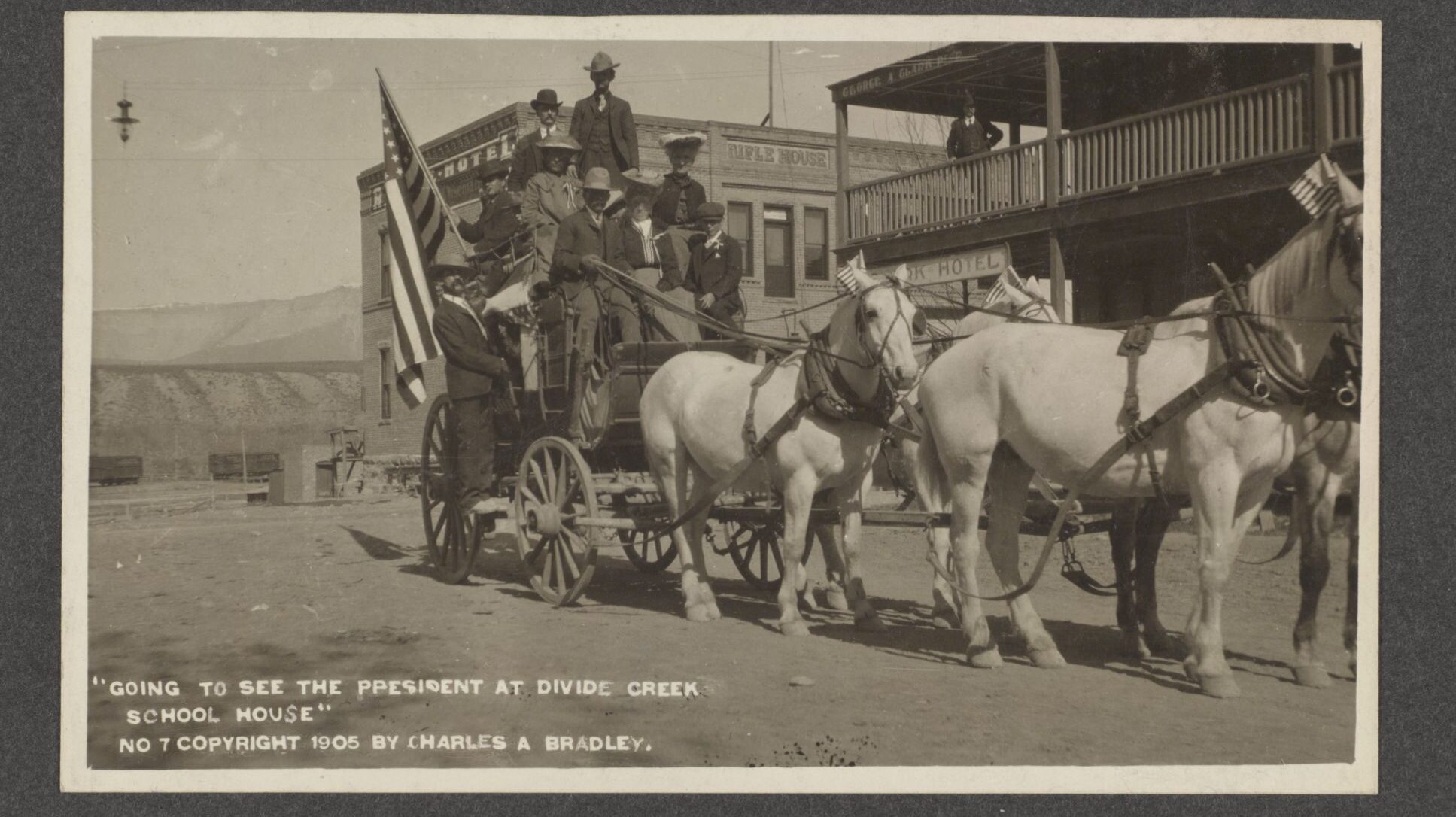 People on a horse drawn carriage traveling to see President Roosevelt speak at the Divide Creek School House in Colorado